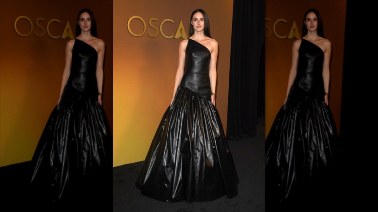 Renate Reinsve in a black leather gown on the carpet of the Governors Awards.