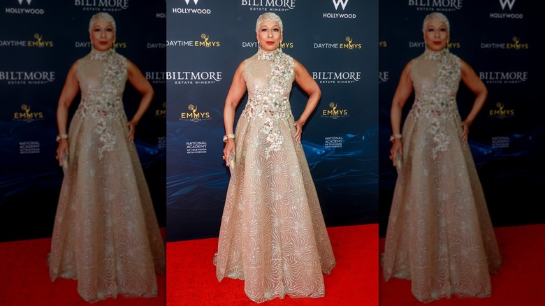 Tamara Tunie wearing beige on the red carpet