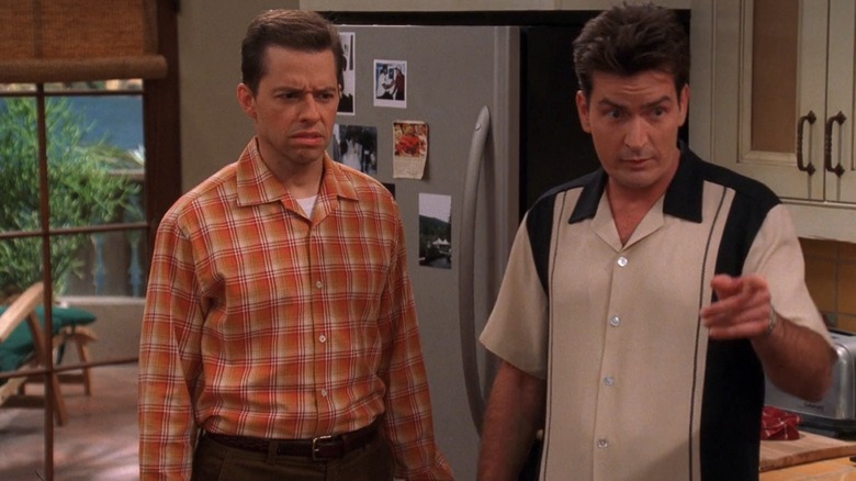 Jon Cryer and Charlie Sheen acting in Two and a Half Men.