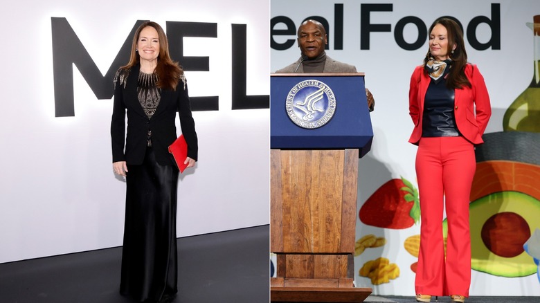 Split image of Brooke Rollins wearing a black beaded dress with a black blazer and wearing a red suit with a scarf and black leather top.