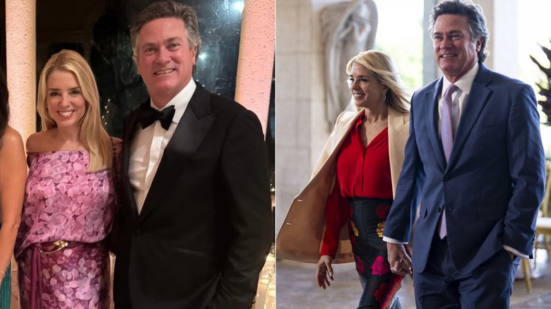 Split image of Pam Bondi wearing a pink dress and posing with John Wakefield and wearing a white coat and floral skirt at the wedding of Dan Scavino.