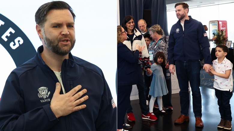 Split image of JD Vance placing his hand on his chest while wearing a quarter-zip with his name on it and holding hands with one of his kids.