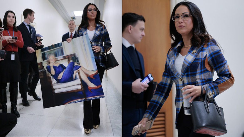 Split images of Lauren Boebert wearing a blue plaid coat; she carries a painting of Bill Clinton in a blue dress in one and a phone in the other.