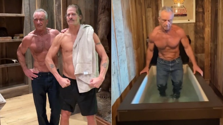 Split image of Kid Rock and Robert F. Kennedy Jr. posing shirtless and RFK Jr. doing a cold plunge in blue jeans.