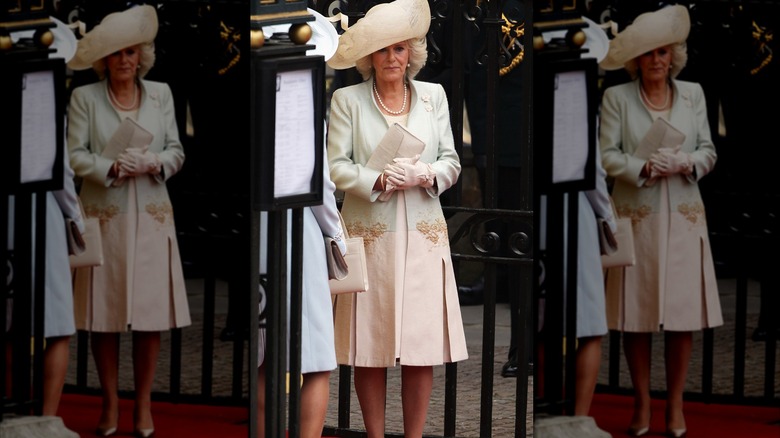 Camilla wearing blue and peach dress coat at William and Kate's wedding