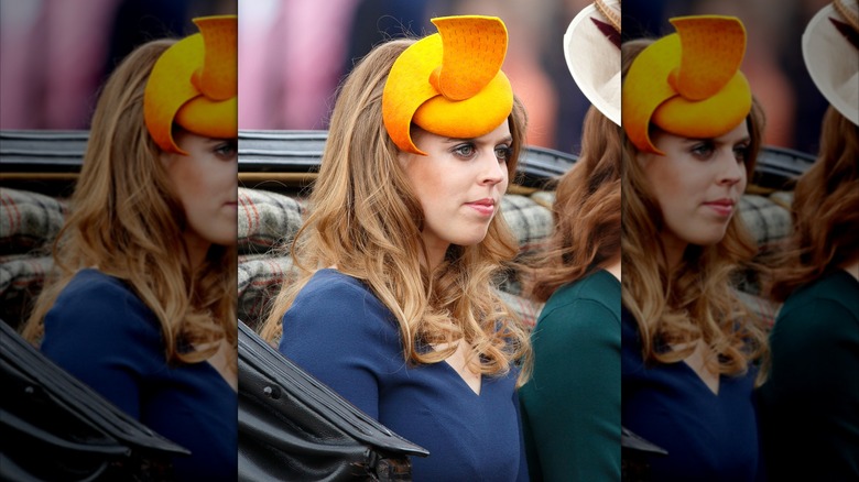 Princess Beatrice in orange fascinator Trooping the Colour 2016