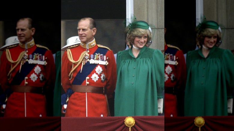 Princess Diana in green dress with Prince Philip Trooping 1982
