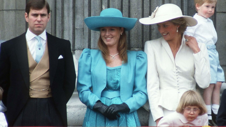 Sarah Ferguson, Prince Andrew, Princess Diana on balcony 1987