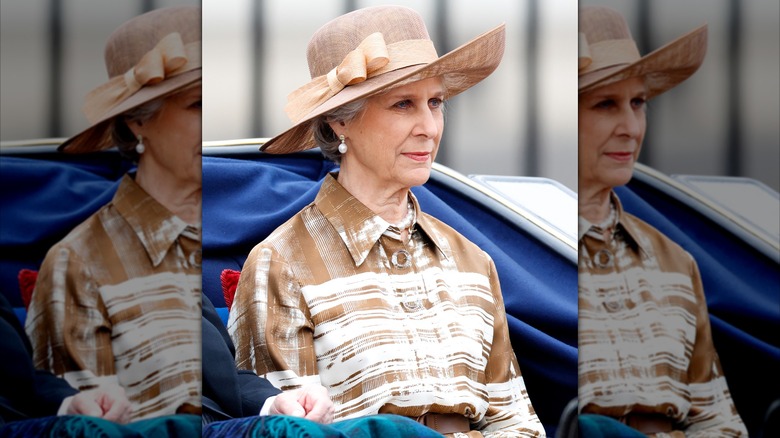 Duchess of Gloucester in brown pattern dress Trooping the Colour 2023