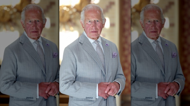 King Charles III staring in a grey suit