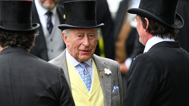 King Charles in yellow vest, pink and blue striped shirt, blue geometric tie, and various accessories