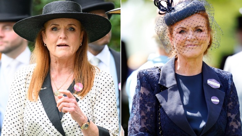 Sarah Ferguson in loose polka-dot dress (left) and blue, lace suit (right)
