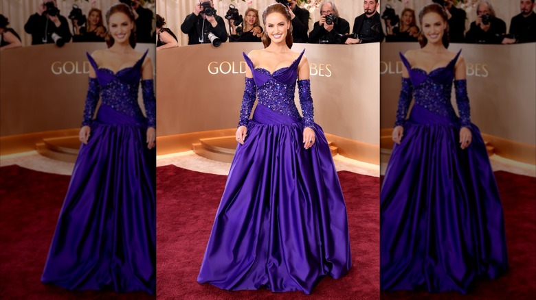 Haley Kalil wearing a purple beaded ball gown with pointed detailing on the bust
