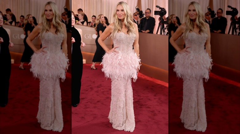 Molly Sims wearing a long, light pink lace dress with feathers on the hips