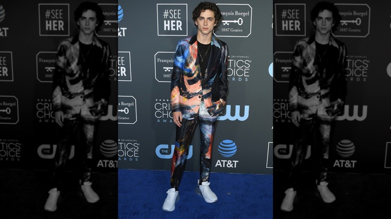 Timothee Chalamet in colorful suit at the 2019 Critics Choice Awards