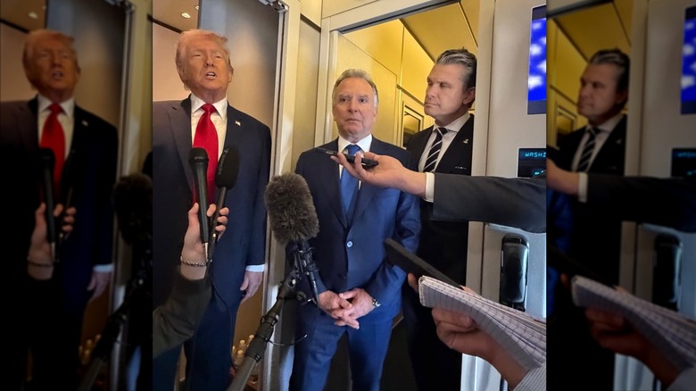 Donald Trump, Steve Witkoff, and Pete Hegseth surrounded by reporters
