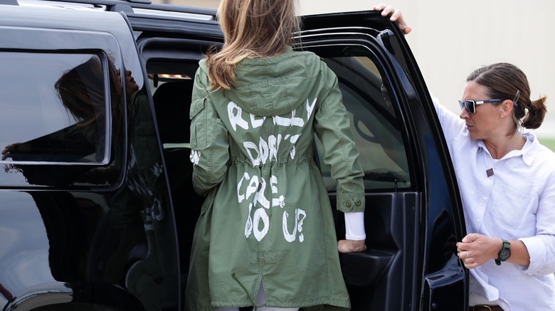 Melania Trump stepping into a car during her trip to the US-Mexico border in 2018