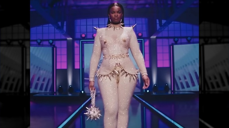 A model walks the runway in Plane Jane's bodysuit with protruding spike accents on "Project Runway"