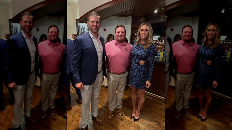Lara Trump wears an animal print dress and poses with Eric Trump