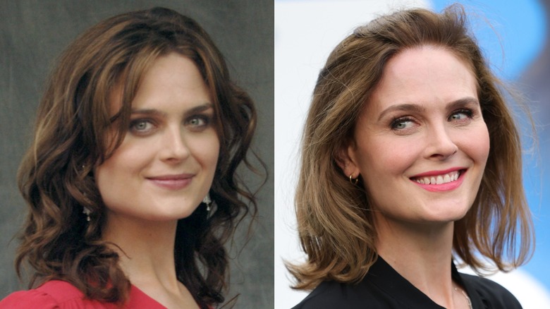 Split image of Emily Deschanel in 2005 (left) and Emily Deschanel in 2026 (right)