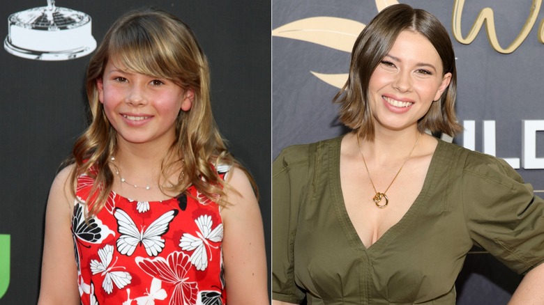 Split photo of Bindi Irwin as a young girl & attending a fundraiser in 2024
