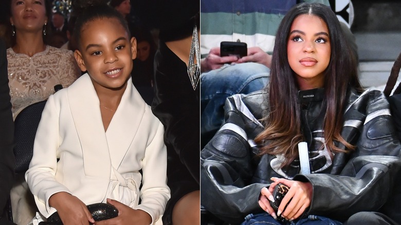 Split photo of Blue Ivy Carter smiling at a formal event & Blue attending a basketball game with Jay-Z