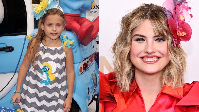 Split photo of Dannielynn Birkhead at the 2013 "Smurfs" movie premiere & attending the 2024 Kentucky Derby