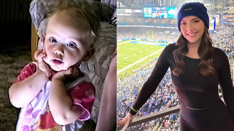 Split photo of Hailie as a baby in Eminem's music video "Mockingbird" & attending a Lions football game
