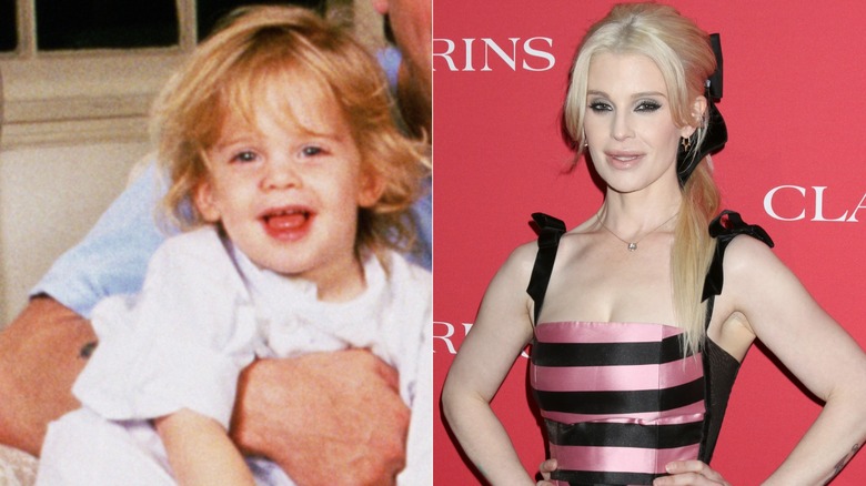 Split photo of Kelly Osbourne as a baby on her father's lap & posing at a Clarins event in 2025
