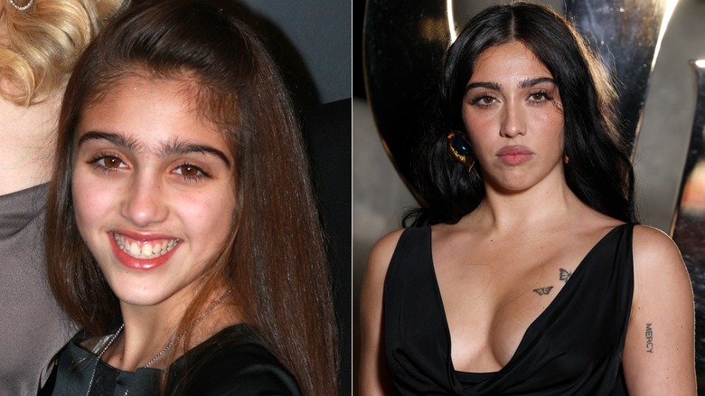 Split photo of Lourdes Leon smiling on the red carpet with her other & posing at a fashion event in 2025
