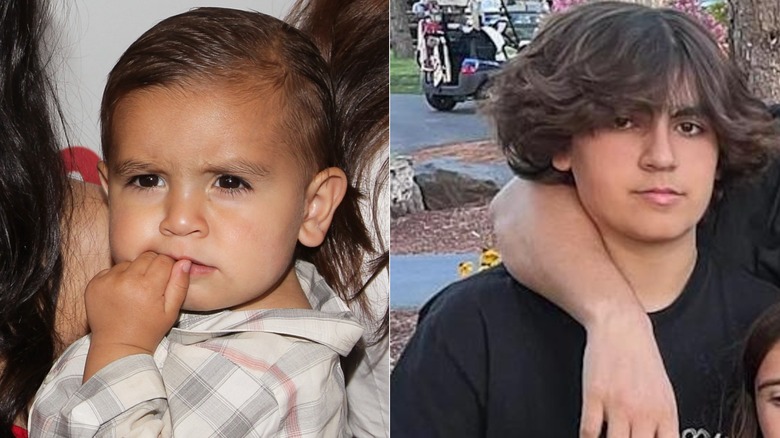 Split photo of Mason Disick as a baby in 2011 & Mason posing with his family for a photo in 2025