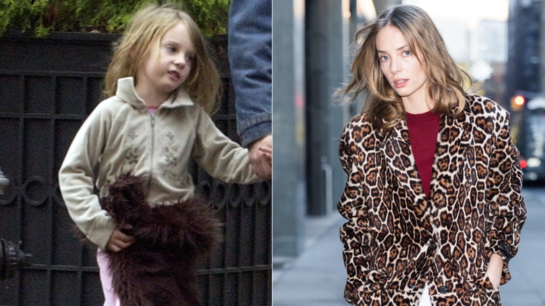 Split photo of Maya Hawke holding her dad's hand in 2003 & walking the streets of New York City in 2025