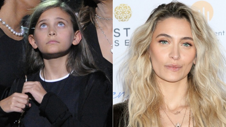 Split photo of Paris Jackson at a 2009 memorial for her father Michael Jackson & Paris attending a 2025 luncheon event