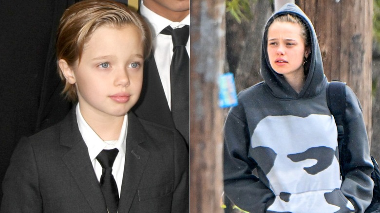 Split photo of Shiloh on the red carpet in 2014 & Shiloh out running errands in 2025