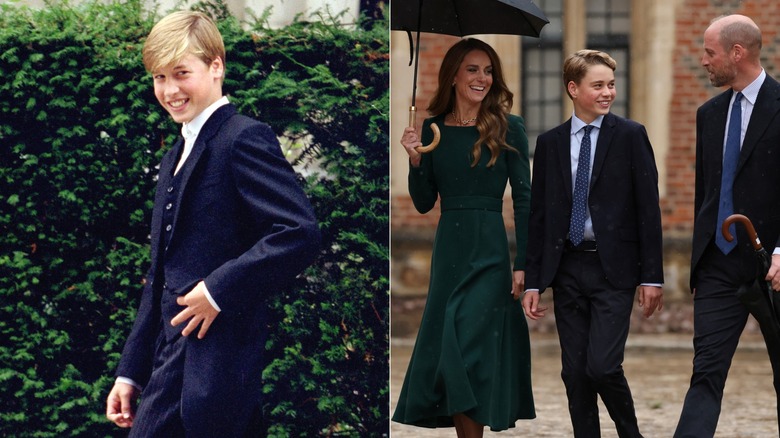 Prince William on his first day at Eton College and Prince George on his first day at college