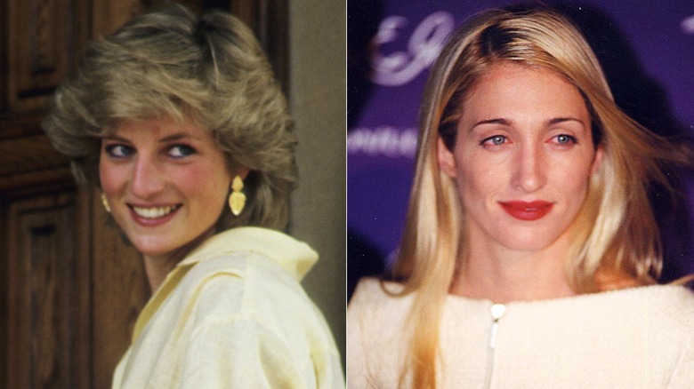 side by side image of Princess Diana and Carolyn Bessette Kennedy smiling and looking to the side