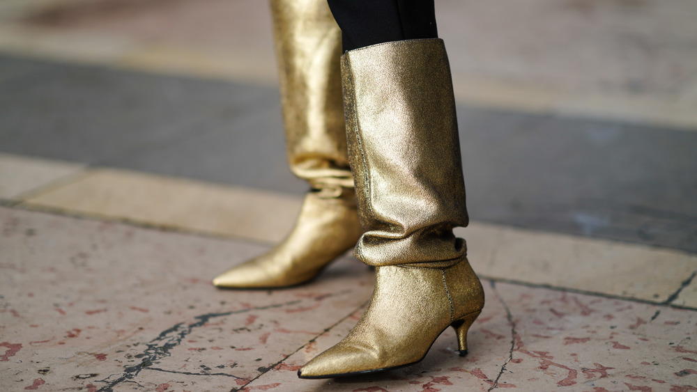 metallic gold boots with a kitten heel 