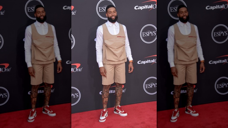 Odell Beckham Jr. In a tan two-piece short with a large pouch sewn onto the stomach at the 2019 ESPYS