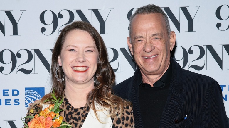 E.A. Hanks and Tom Hanks smiling at a 92NY event in 2025
