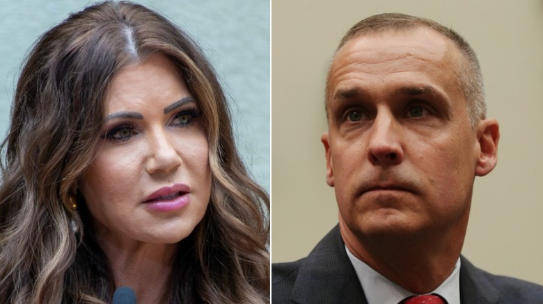 A split image of Kristi Noem and Corey Lewandowski looking concerned