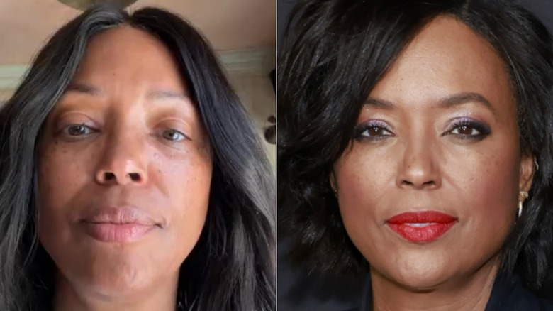 Split image of Aisha Tyler without makeup and wearing makeup