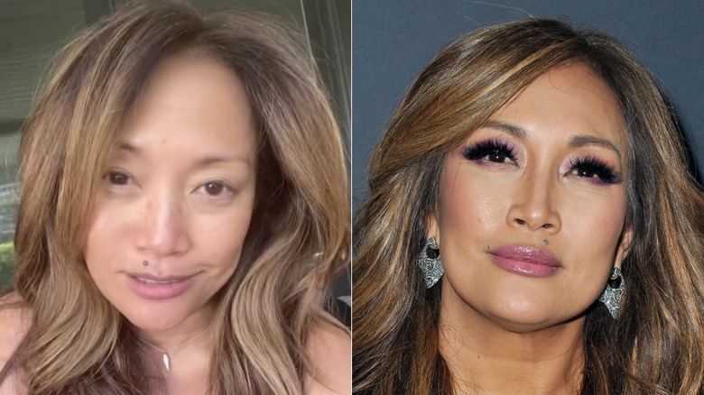 Split image of Carrie Ann Inaba without makeup and wearing makeup