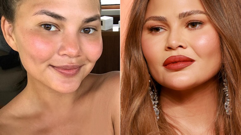 Split image of Chrissy Teigen without makeup and wearing makeup