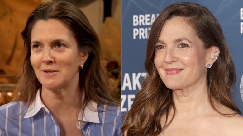 Split image of Drew Barrymore without makeup and wearing makeup