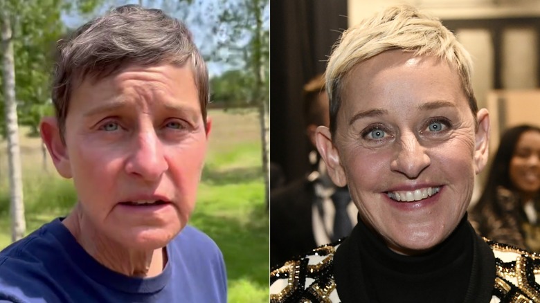Split image of Ellen DeGeneres without makeup and wearing makeup