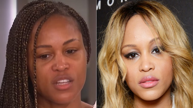 Split image of Eve without makeup and wearing makeup
