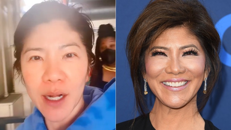 Split image of Julie Chen Moonves without makeup and wearing makeup
