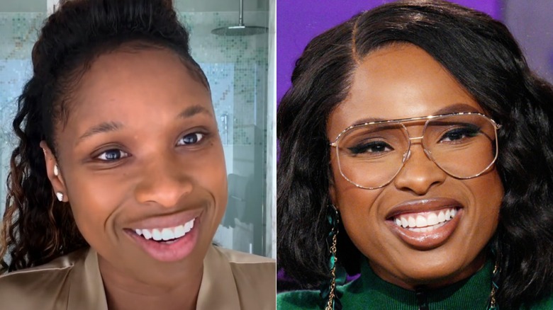 Split image of Jennifer Hudson without makeup and wearing makeup