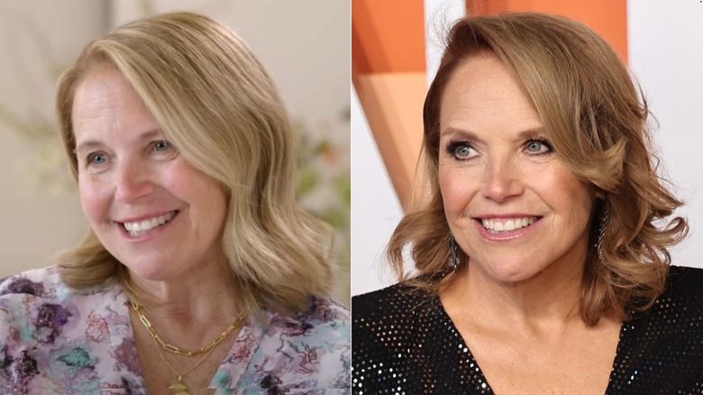 Split image of Katie Couric without makeup and wearing makeup