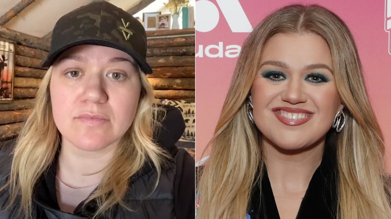 Split image of Kelly Clarkson without makeup and wearing makeup